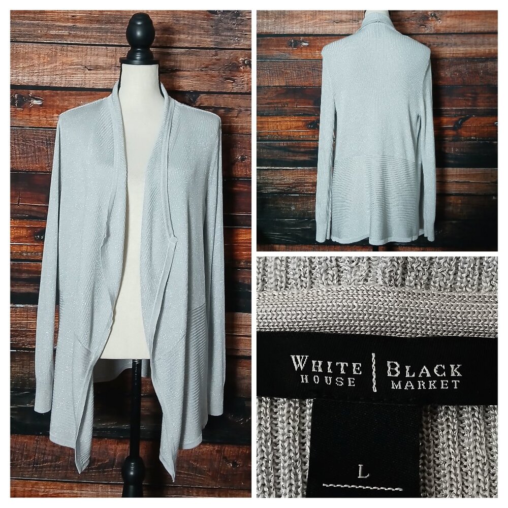 White House Black Market Cardigan Sweater L Metallic Silver Open Front Ribbed